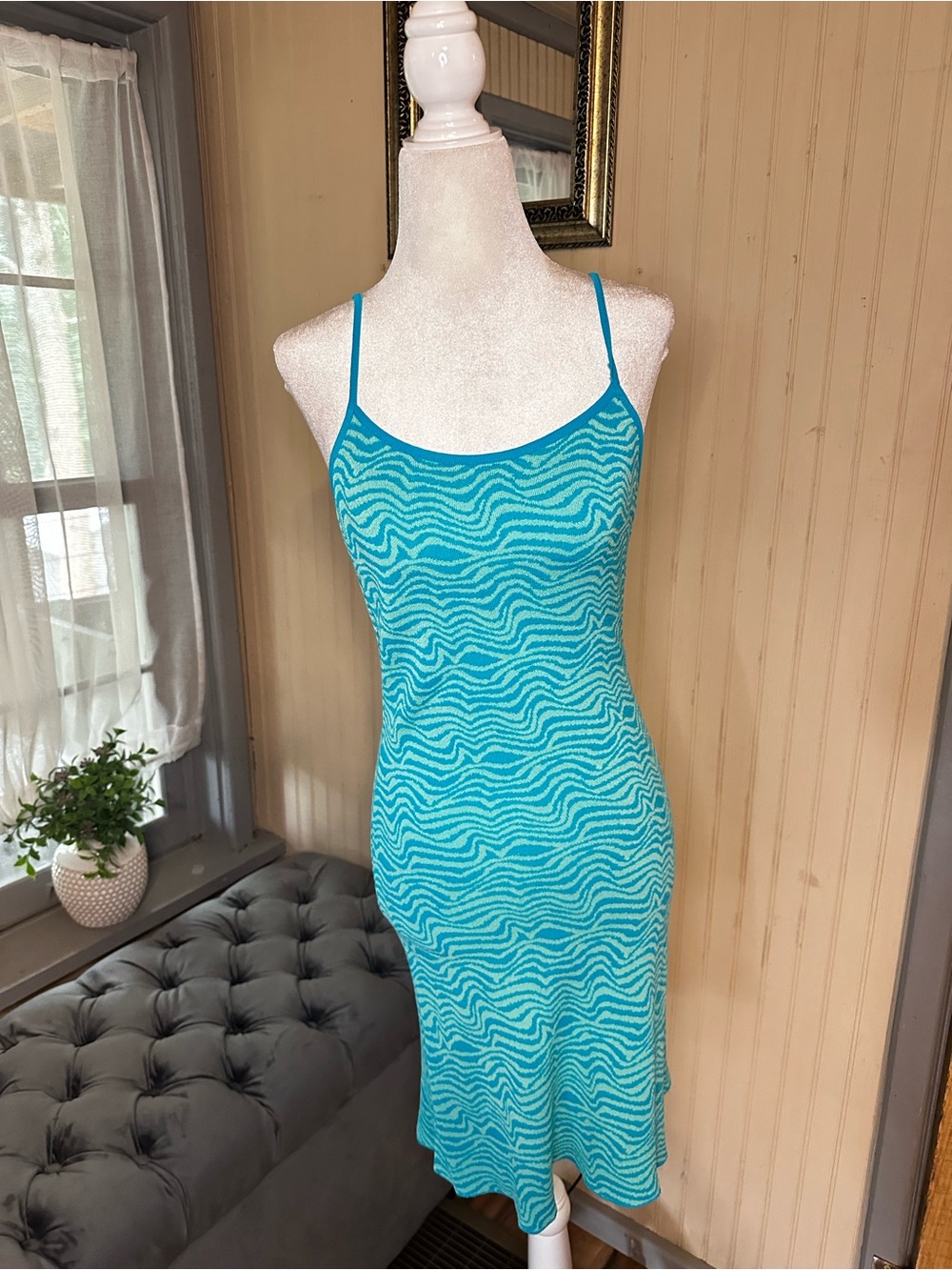 Zara Blue Wave Print Knit Slip Dress Size Medium Adjustable Strap Midi Dress